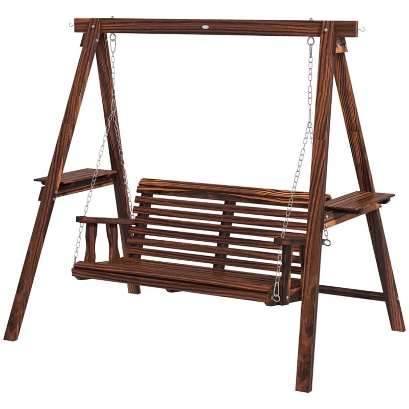 COOKCOK 2-Seat Porch Swing with Stand, 528 lbs Capacity Wooden Patio Swing Chair with Stand and Side Tables for Garden, Poolside & Backyard, Brown