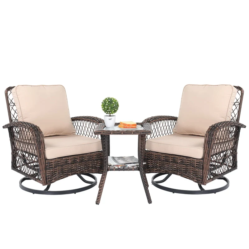 COOKCOK 3 Pieces Outdoor Swivel Rocker Chair Set of 2 with Small Side Table Wicker Rattan Patio Furniture Set Outdoor Rocking Chair Set for Backyard, Balcony, Deck, Beige