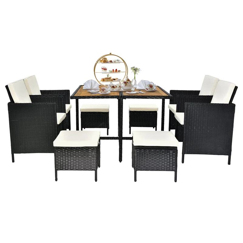 COOKCOK Patio Dining Table Set, 9 Piece Outdoor Furniture Sets, Black Wicker Rattan Dining Table and Chairs Set, Patio Conversation Set with Cushions for Garden & Backyard, Beige