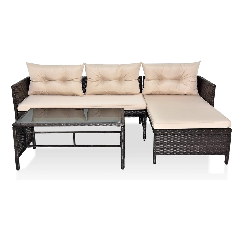 COOKCOK 3 Piece Patio Furniture Set, Outdoor PE Wicker Sectional Conversation Sofa Chair with Coffee Table & Khaki Cushion, Rattan Couch Sofa with Coffee Table, Beige