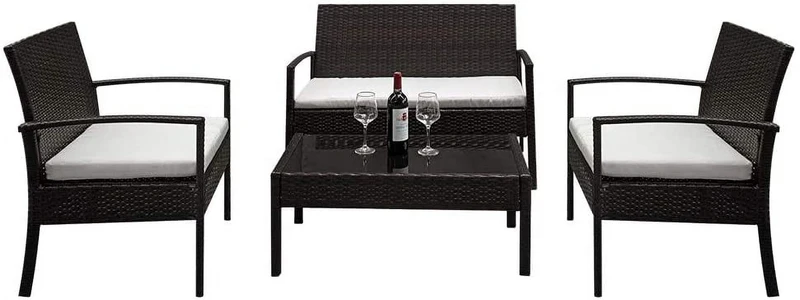 COOKCOK Patio Furniture Sets of 4, PE Rattan Conversation Furniture Set w/2pcs Arm Chairs 1pc Love Seat & Tempered Glass Coffee Table, Rattan Sofa Conversation Sets for Garden, Patio, Poolside, Brown