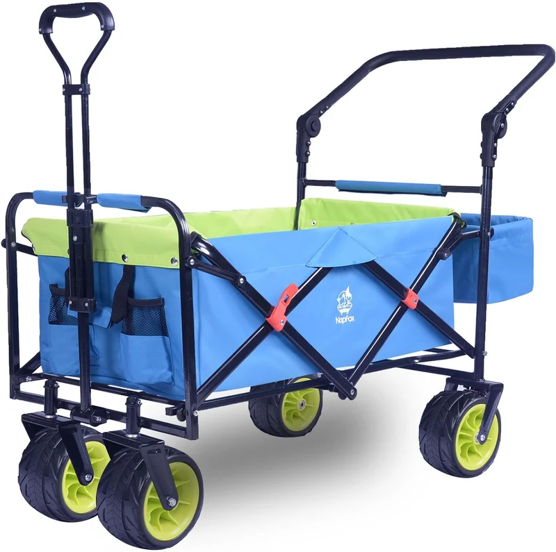 COOKCOK Collapsible Folding Wagon Cart, Heavy Duty Utility Wagon with Removable Rear Bag & Adjustable Push Pull Handle, All Terrain Beach Wagon with Big Wheel for Sand, Blue