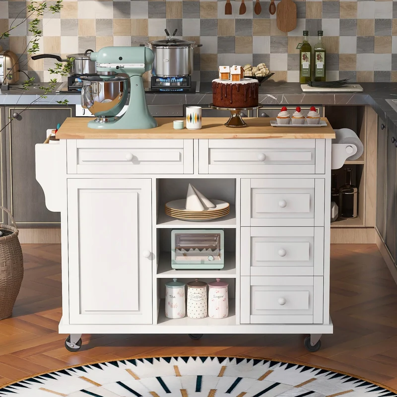 COOKCOK Kitchen Cart with Wood Countertop, Rolling Mobile Kitchen Island Cart with 5 Drawers, Open Storage Shelves, Towel Rack, 53" Width, White