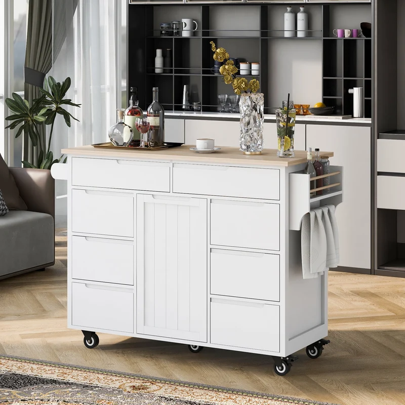 COOKCOK Kitchen Cart with Wood Countertop, Rolling Kitchen Storage Cabinet on Wheels with 8 Handle-Free Drawers, Rolling Mobile Kitchen Island with Towel Rack, 53.2" Width, White