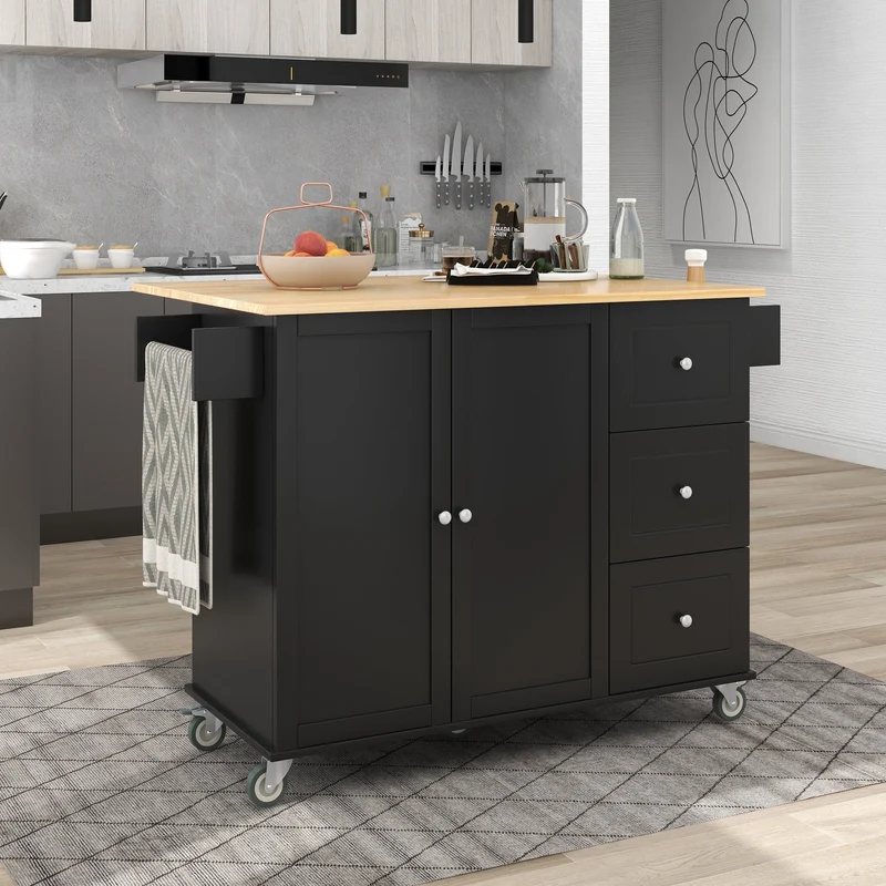COOKCOK Mobile Kitchen Island Cart, Kitchen Cart with Wood Top and Drop Leaf Breakfast Bar, Rolling 52.7" Mobile Kitchen Island with Storage and Towel Rack, Drawers, Black