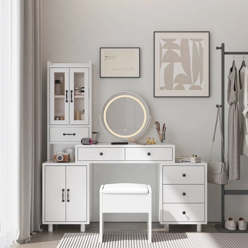 COOKCOK Makeup Vanity Desk with LED Mirror, Retractable Dressing Table with Power Outlets, Vanity Table with Side Cabinet and Nightstand, Storage Shelves, White