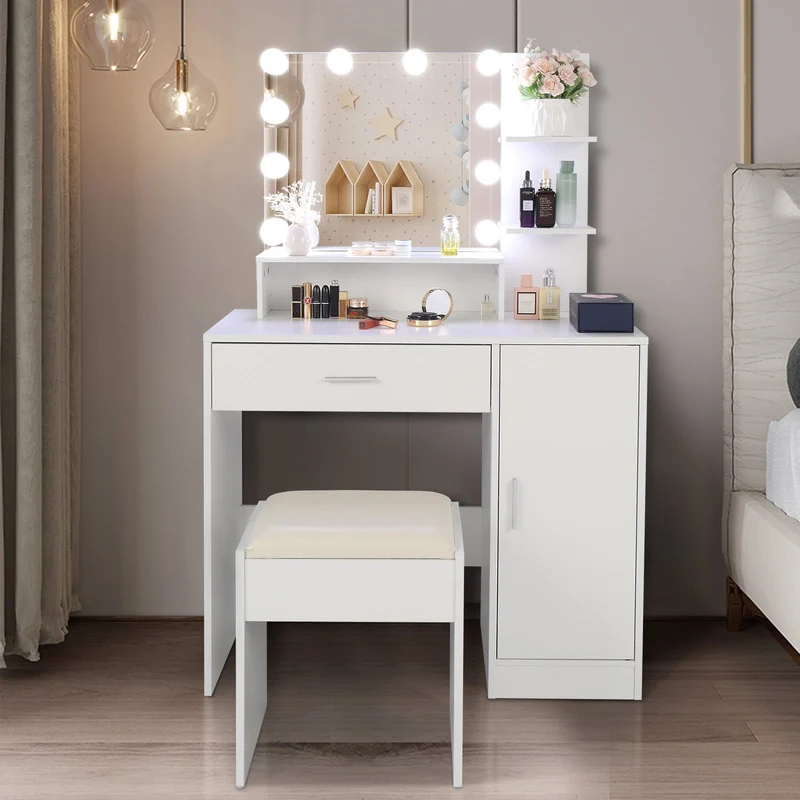 COOKCOK Vanity Set with Lighted Mirror, 10 LED Bulbs Vanity Dressing Table with 3 Storage Shelves 1 Drawer 1 Cabinet, Makeup Table with Cushioned Stool, White