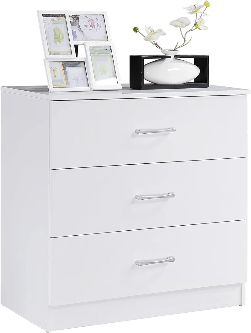 COOKCOK 3 Drawer Dresser, Wood Drawer Chest Dresser Cabinet with Storage, 25.98"x 13"x 22.05", Storage Cabinet, Clothing Organizer with Cut-Out Handle, Nightstand for Living Room, Bedroom, White