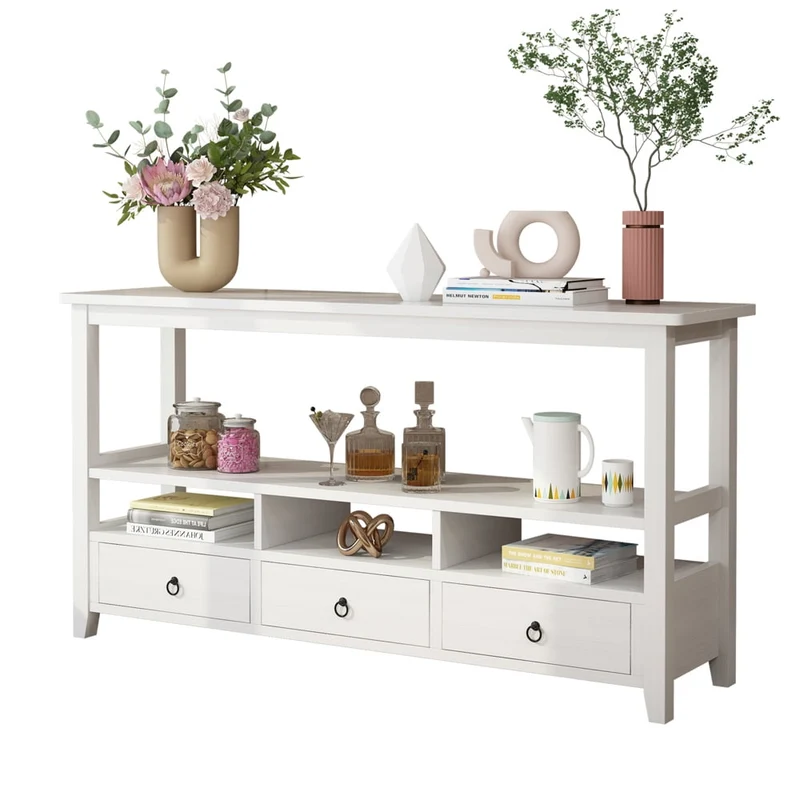 COOKCOK Console Table with 3 Drawers, Industrial Sofa Table, Entryway Table with 3-Tier Storage Shelves, TV Console TV Stand for Hallyway, Living Room, White