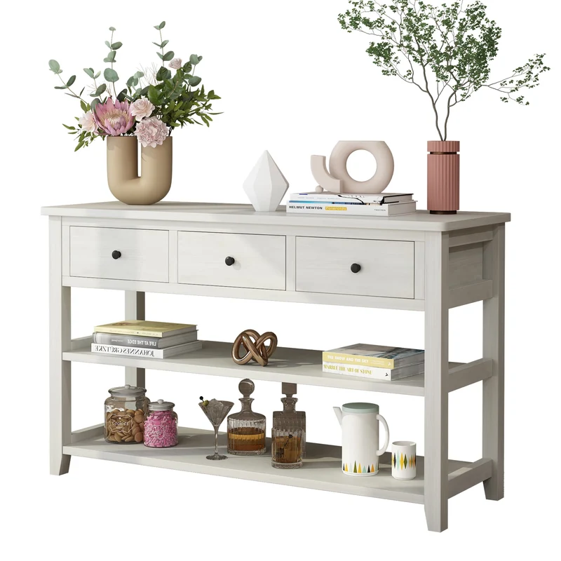 COOKCOK 47" Entryway Table, Console Table with 3 Drawers, Sofa Table Narrow Long with Storage Shelves for Living Room, Couch, Hallway, Foyer, Kitchen Counter, White