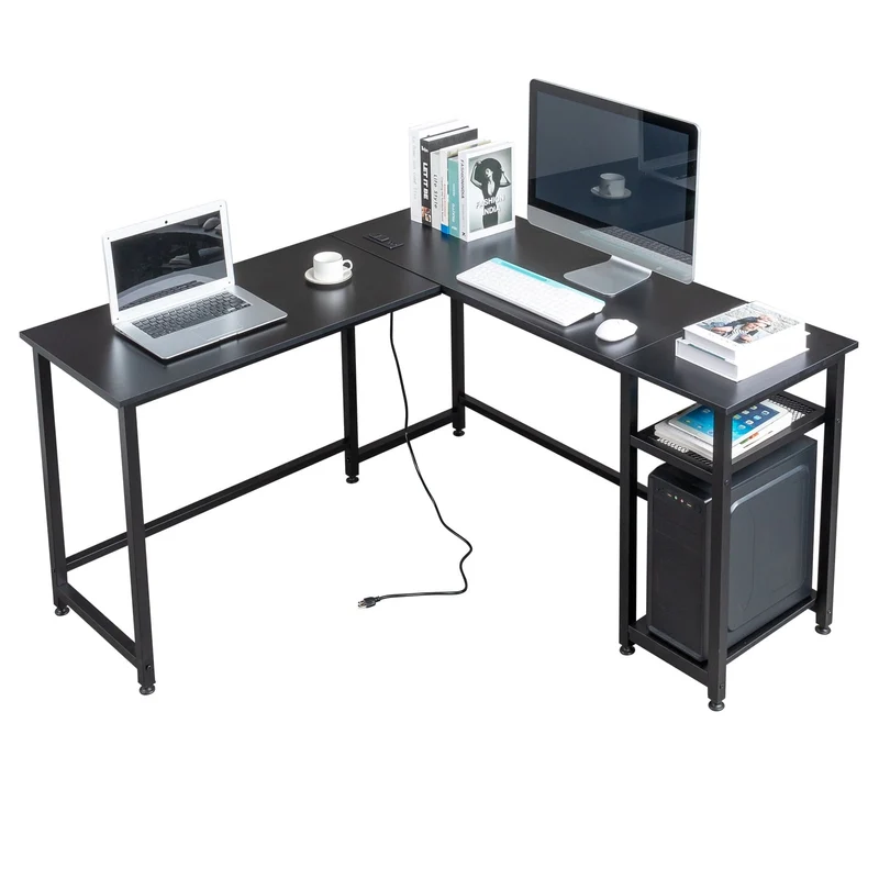 COOKCOK L Shaped Desk, 55" Computer Desk with Power Outlets, Reversible Corner Desk with Storage Shelves, Home Office Desk for Writing Gaming Study, Black