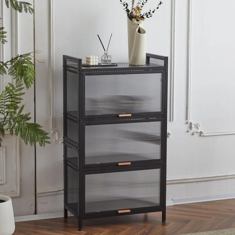 COOKCOK 4-Tier Storage Shelf, Kitchen Storage Cabinet with Flip-up PC Doors, Mobile Microwave Stand, Freestanding Kitchen Bakers Rack with 4 Rolling Casters, 23.62"x12.59"x42.91", Black