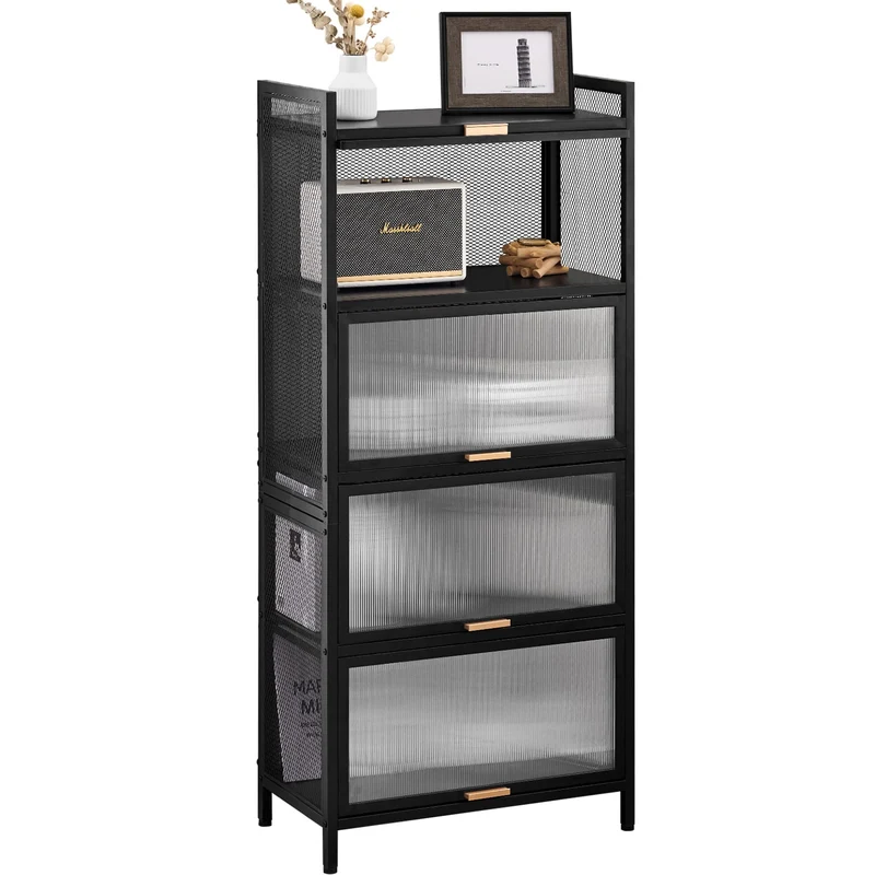 COOKCOK 5-Tier Storage Shelf, Kitchen Storage Cabinet with Flip-up PC Doors, Mobile Microwave Stand, Freestanding Kitchen Bakers Rack with 4 Rolling Casters, 23.62"x12.59"x55.51", Black
