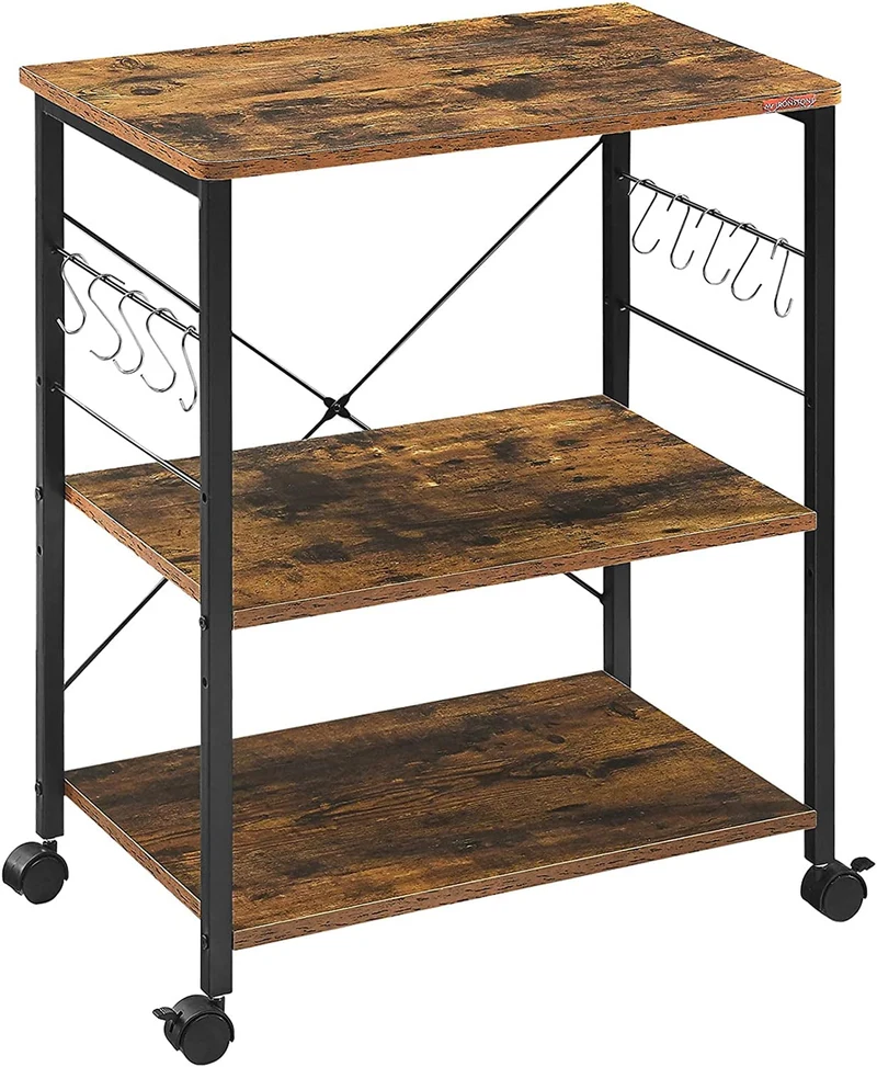 COOKCOK Baker's Rack, Kitchen Microwave Cart, Coffee Bar Table Station, 3-Tier Kitchen Utility Storage Shelf with Rolling Wheels , 10 Hooks, Brown