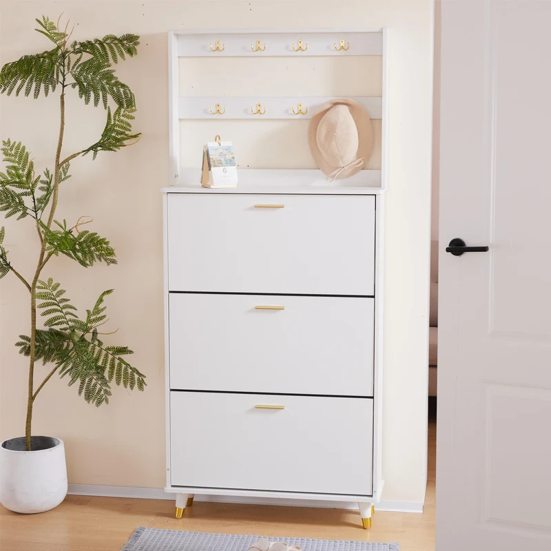 COOKCOK 3-Tier Flip Drawer Shoe Cabinets, Hat Coat Rack with Shoe Storage, Entryway Bedroom Armoire, Shoe Cabinet with Open Storage, White