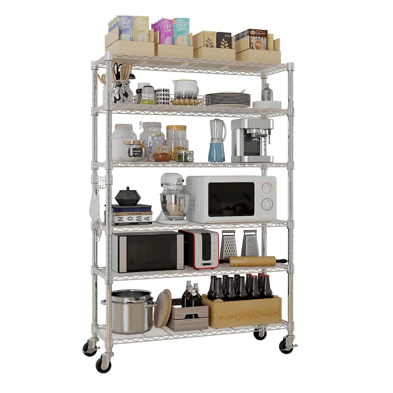 COOKCOK 6-Tier Storage Shelves, Wire Shelving Unit on Wheels Heavy Duty Shelves Adjustable Steel Shelving, Metal Storage Shelf with Hook, 46.06"x17.71"x81.88", Silver