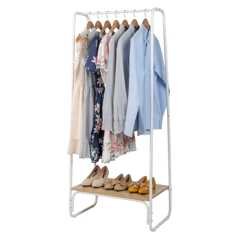 COOKCOK Clothes Rack for Hanging Clothes with Bottom Wood Shelf, Freestanding Clothing Rack, Easy to Assemble Garment Rack, Metal, Sturdy,Small Space Storage Rack,White