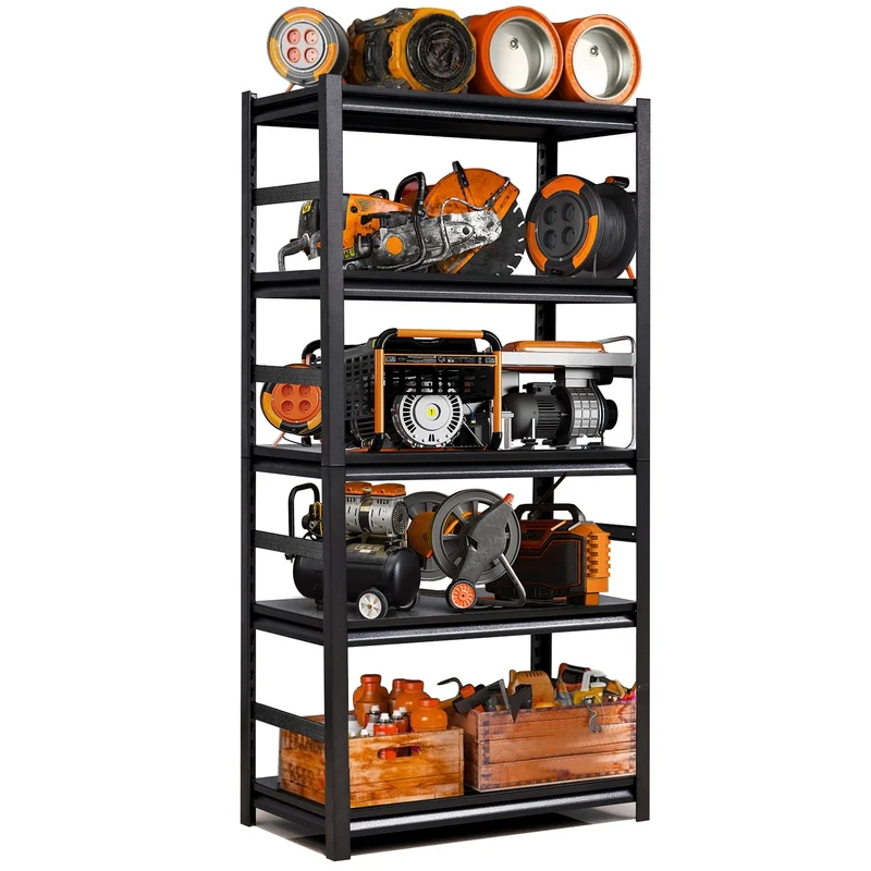 COOKCOK Storage Shelving Unit, 5-Tier Metal Shelf, 31.5"x15.7"x63", Adjustable Garage Shelves, Load 2000LBS, Kitchen Shelf with Protective Side, Black