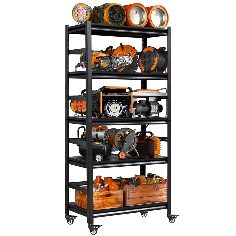 COOKCOK 5-Tier Storage Shelving Unit, Metal Shelf with Wheels, 35.4"x15.8"x72", Adjustable Garage Storage Shelf, Load Up to 2500LBS, Kitchen Shelf with Protective Side
