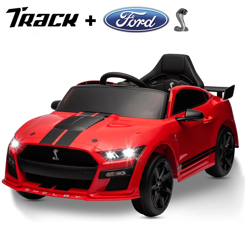 Track 7 12V Ride on Car, Licensed Ford Mustang Shelby GT500 Ride on Car with Remote Control, LED Lights, Music & Bluetooth, Electric Car for Boys Gilrs Age3+, Red