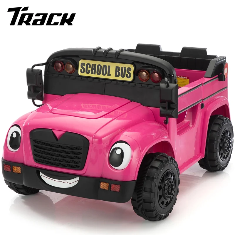 Track 7 12V Ride on Car, Kids School Bus with Remote Control, Walkie-Talkies, LED Lights, Electric Truck Car for Boys Girls Age 3+, Rose Red
