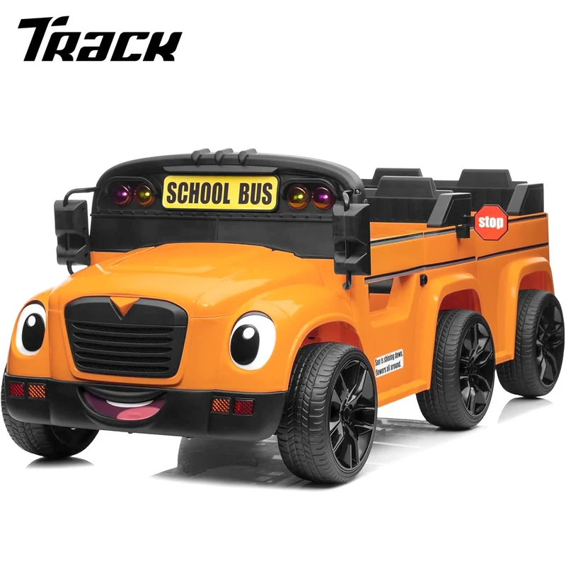 Track 7 12V 2-Seater Ride on Car, 6 Wheels School Bus for Kids with Remote Control, Walkie-Talkies, Microphone, LED Lights, Electric Truck Car for Boys Girls Age 3+, Orange
