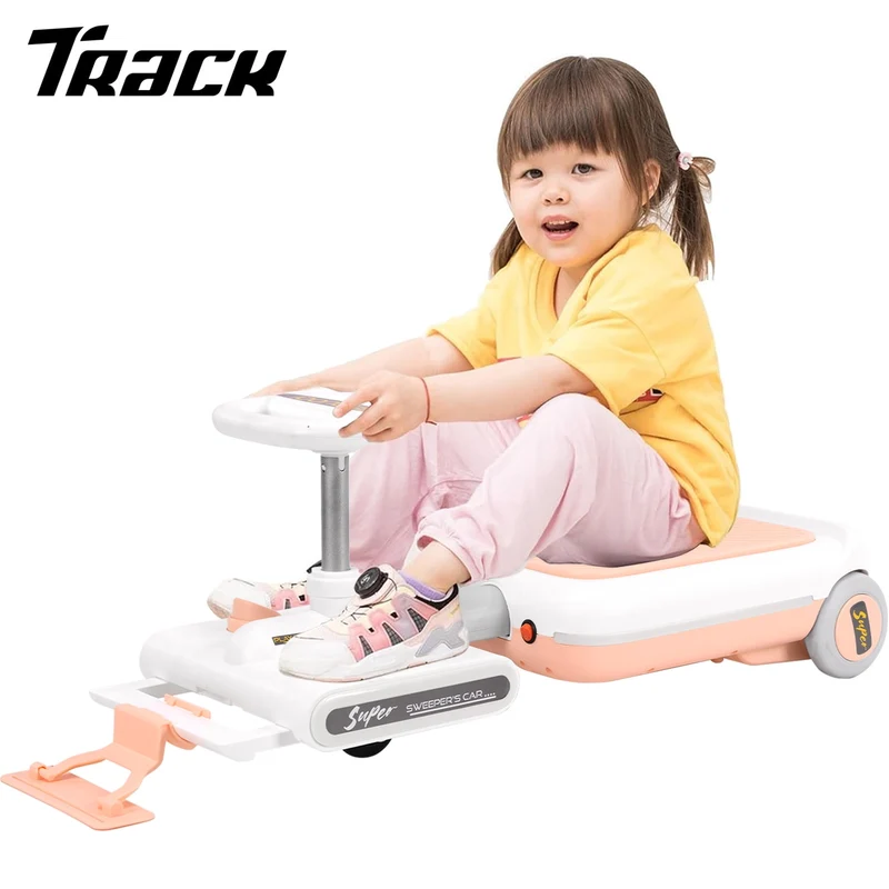 Track 7 12V Ride on Car, 12V Electric Go Kart with LED Lights, Music, Adjustable Length, Portable Go Kart with Mopping Kit, Electric Car for Boys Girls Age 2+, Pink