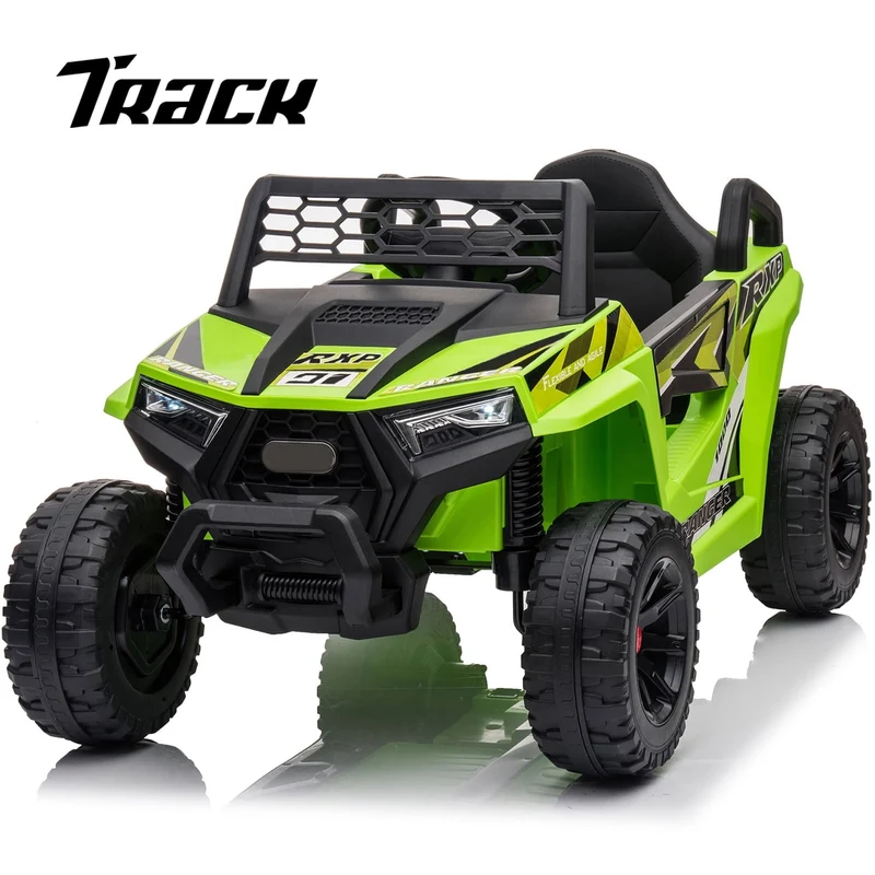 Track 7 12V Kids Ride on Truck, Electric Off-Road UTV Truck with Forward and Reverse Functions, Double Open Doors, Safety Belt, Music and Lights for Kids Aged 3-6 Years, 5 Mph Max Speed, Green