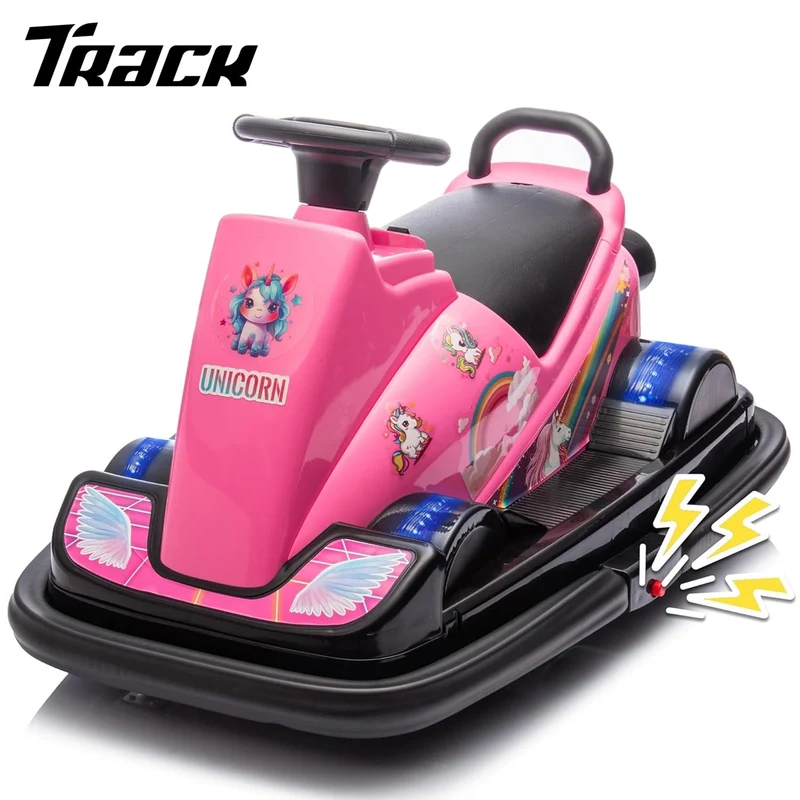 Track 7 12V Ride on Bumper Car, Kids Electric Car with Horn, Music, Four-Wheel LED Waterfall Lights, 360 Degree Spin and DIY Sticker, Bumper Car for Kids & Toddlers 2-5 Years, Pink