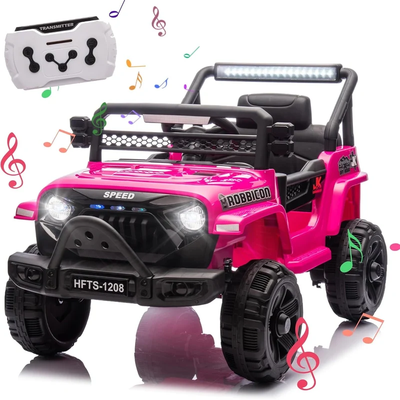 Track 7 Kids Ride on Truck, 12V Electric Truck Car with Remote Control, USB, Bluetooth, Microphone Jack, LED Lights, Ride on Car for Boys Girls, PInk