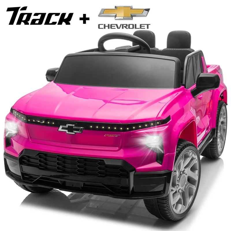 Track 7 24V Ride on Car, Licensed Chevrolet Silverado Electric Car with Remote Control, Bluetooth, LED Lights, Power Display, Rear Storage, 24V Ride on Truck Car for Boys Girls Age 3+, Pink