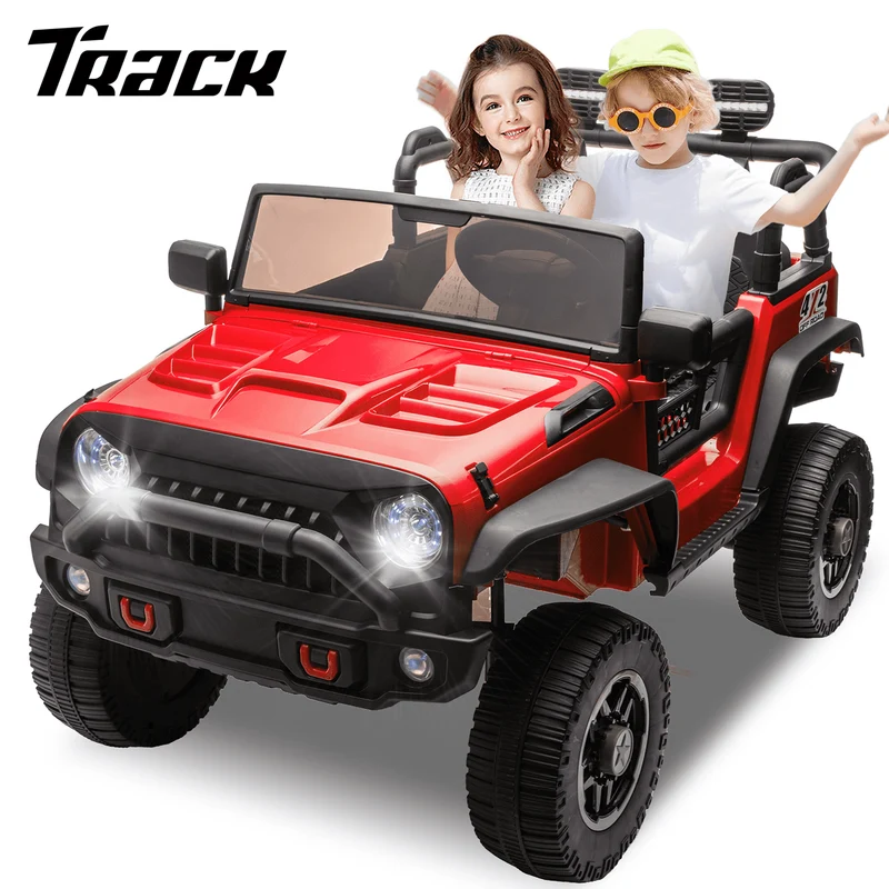 Track 7 24V Two-Seater Kids Ride-On Truck, Parents Control, 4WD Suspension, LED/MP3/Bluetooth, 2 Seat Belts, Ages 3+, Red
