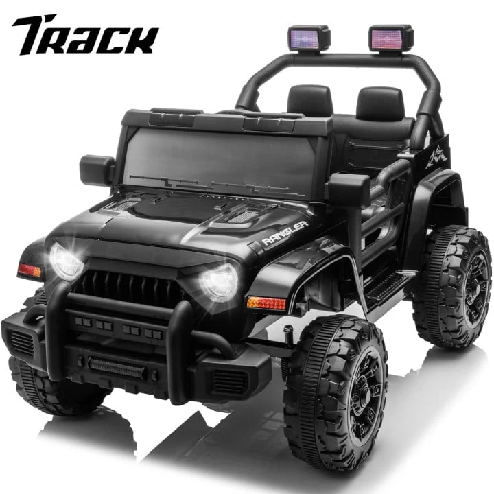 Track 7 Kids Ride on Truck, 12V Battery Powered Electric Car with Remote Control, Music, Bluetooth, Spring Suspension, Electric Off-Road Truck for Boys Girls 3+, Kids Car with DIY Stickers, Black