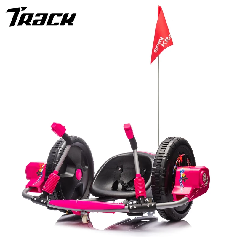 Track 7 12V Kids Ride On Car, 16" Exaggerated Wheel Electric Go Kart, Dual Handle Control, 360 Degree Steering Rotation, Max Speed 4.66 mph, DIY Stickers, Electric Car for Boys Girls Age 6+, Pink