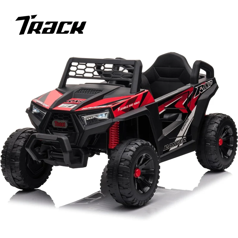 Track 7 12V Kids Ride on Truck, Electric Off-Road UTV Truck with Forward and Reverse Functions, Double Open Doors, Safety Belt, Music and Lights for Kids Aged 3-6 Years, 5 Mph Max Speed, Brown
