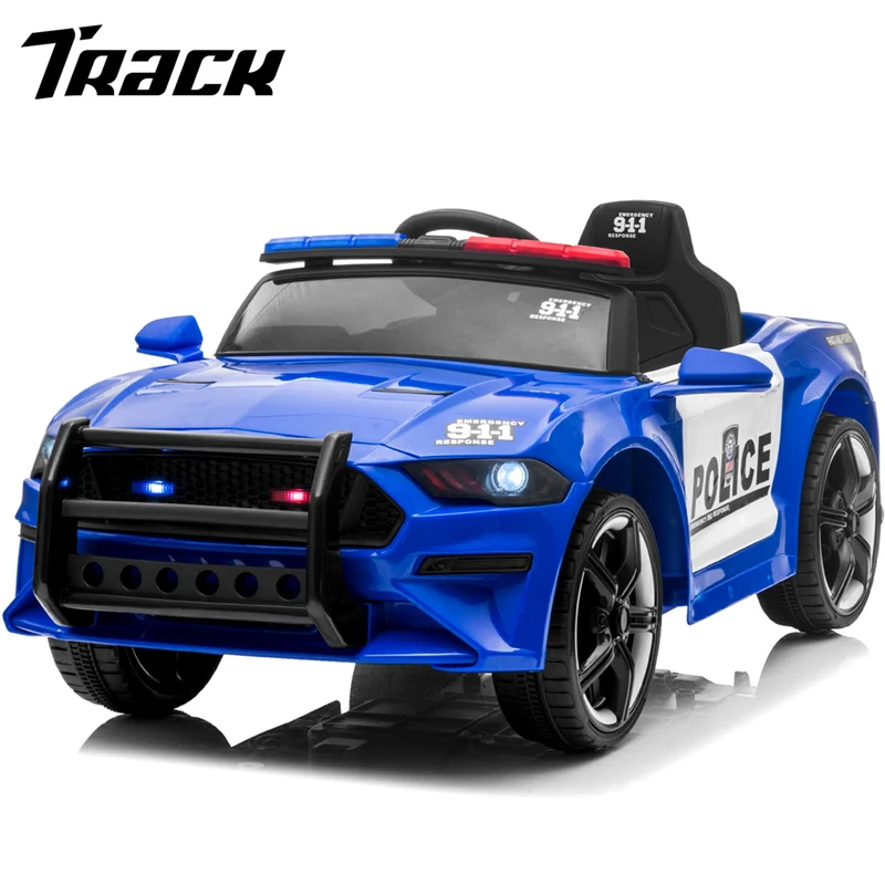 Track 7 12V Kids Police Sports Car, 2.4GHZ Remote Control, LED Lights, Siren, Microphone, Blue