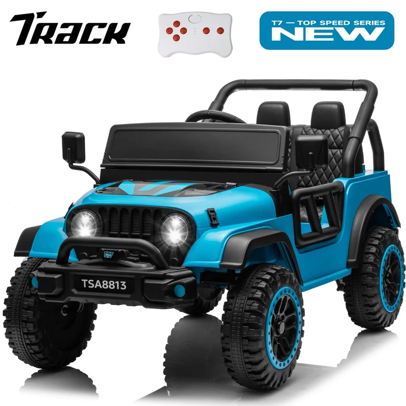 Track 7 24V Ride on Truck, Electric Car for Boys Girls Age 3+, Ride on Car with Remote Control, Music, Bluetooth, Spring Suspension, Max Speed 5 mph, Blue