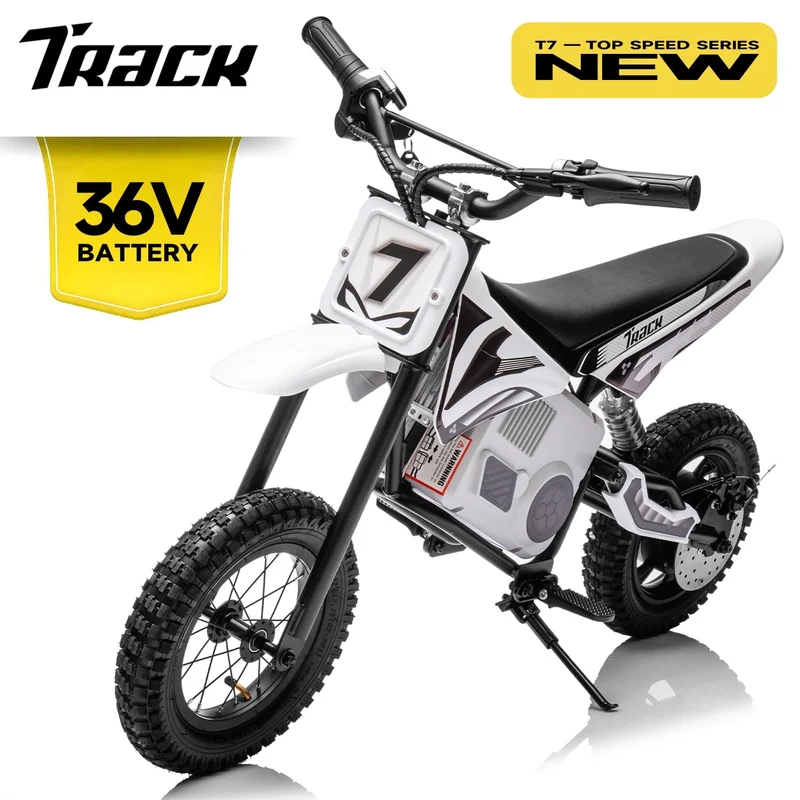 Track 7 36V Electric Dirt Bike, 350W Ride on Motorcycle with Twist Grip Throttle, Hand-Operated Dual Brakes, for Age 8-12, White