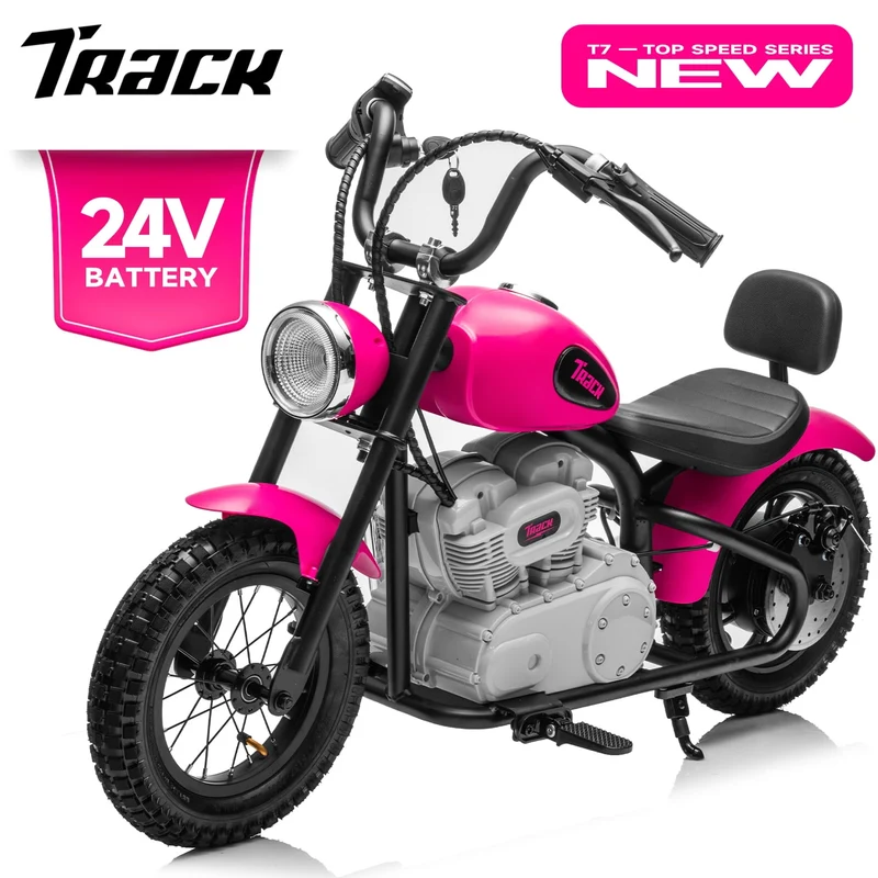 Track 7 24V Electric Dirt Bike for kids, 250W Ride on Motorcycle with Twist Grip Throttle, Hand-Operated Brakes, Key Start, Off-Road Motocross Speed Up to 10 MPH, Age 8+, Pink