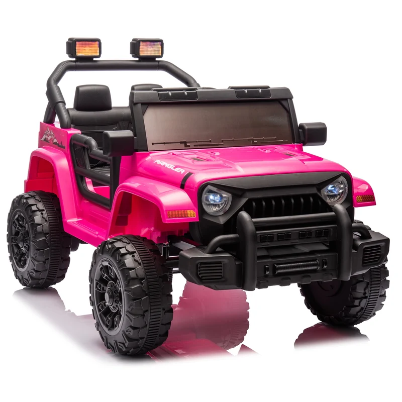 Track 7 12V Kids Ride on Pickup Truck, Dual Drive, 4-Wheel Suspension, with Headlights, Remote Control, Music, Bluetooth, MP3, Slow Start for Kids Aged 3-8, Rose Red