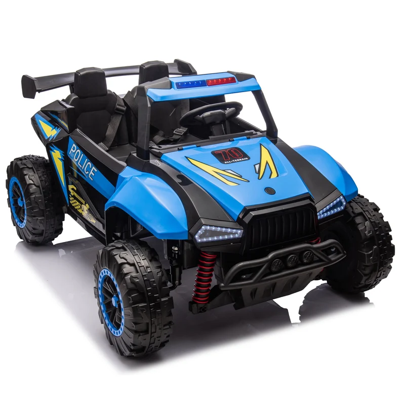 Track 7 24V Kids Ride On Car, 2-Seater Kids Ride On Police Car, 4-Wheel Suspension, with Megaphone, Walkie Talkie, Power Display, Bluetooth, Music, LED Lights for Kids Age 3+, Blue