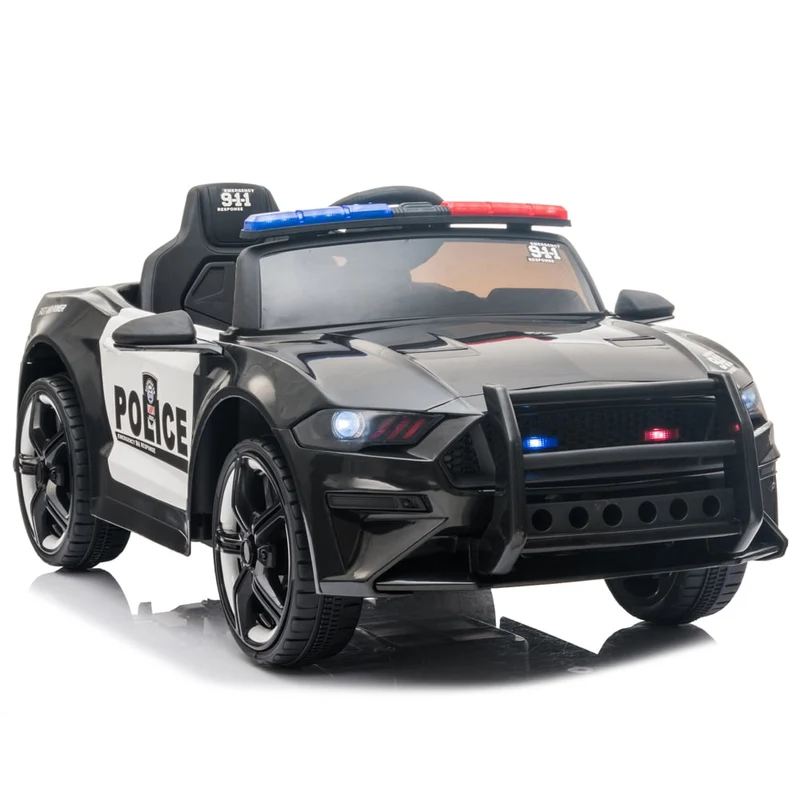 Track 7 12V Kids Police Sports Car, 2.4GHZ Remote Control, LED Lights, Siren, Microphone, Black