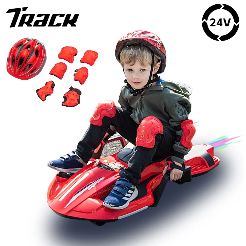 Track 7 24 V Ride on Car with Helmet, Knee Pads, Gloves, Devilfish Pattern Ride on Electric Scooter with Spray Function, Gravity Steering, Music, Hnadrails, Max Speed 6.84 mph, Red