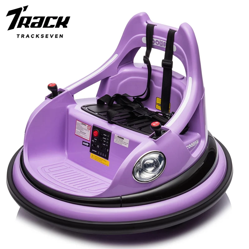 Track 7 12V Ride on Bumper Car, Electric Bumper Car for Kids & Toddlers, Remote Control, 2 Speed, Bluetooth, Music, 5 Lighting Mode, 360°Spin, Max 3.1mph, Purple