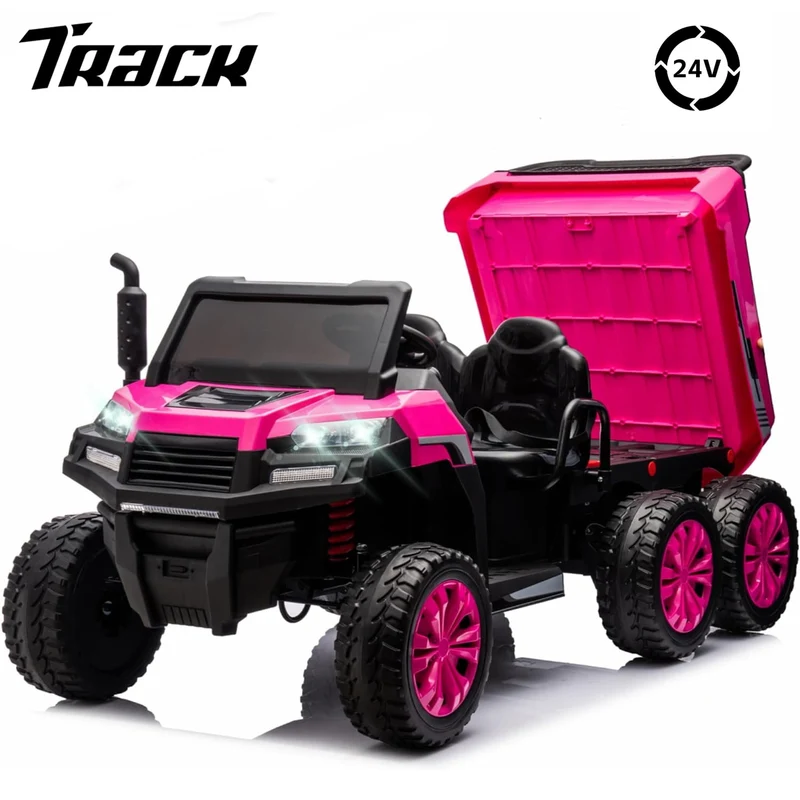 Track 7 24V Ride on Car, 2-Seater Ride On Dump Truck, 6 Wheels Electric Car with Remote Control, Music, Shift Lever, off-Road Ride on UTV, Pink