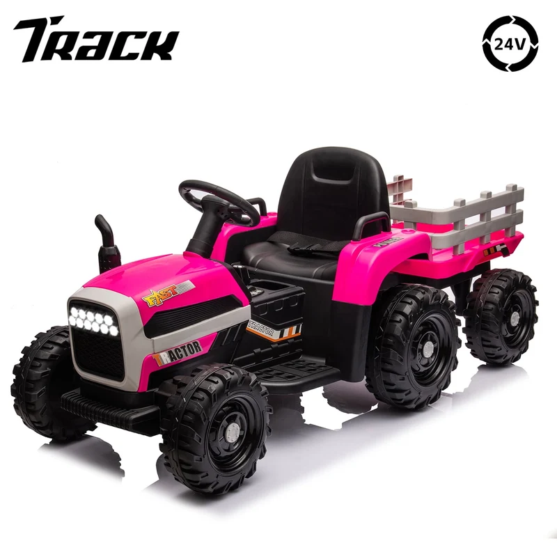 Track 7 24V Ride on Tractor with Trailer, 400W Motor, 6-Wheels Ride on Truck Car with Remote Control, Music, Lights, Electric Tractor Max Speed 5 mph, Rose Red
