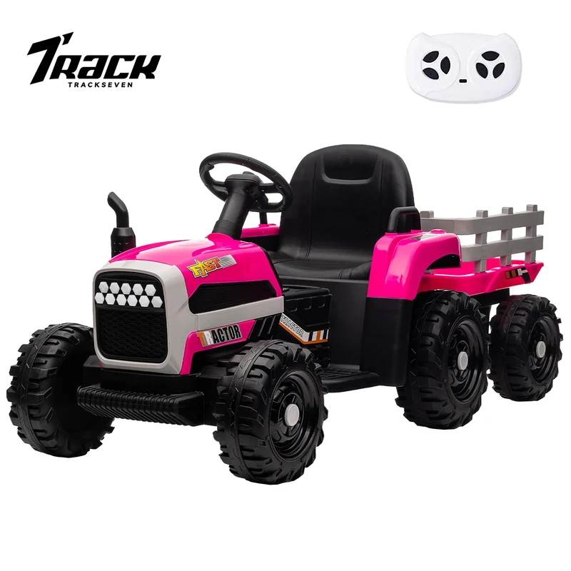 Track 7 12V Ride on Tractor with Trailer, Kids Electric Car with Remote Control, Bluetooth, MP3, LED Lights, 3-Gear-Shift Ground Loader, Ride on Car for Boys Girls, Rose Red