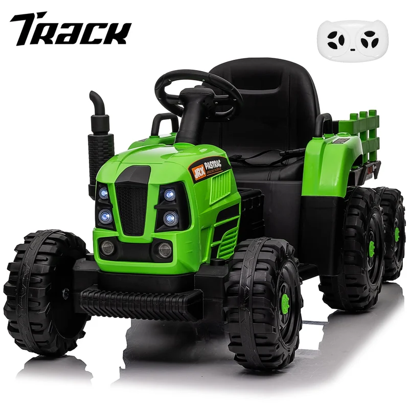 Track 7 12V Ride on Tractor with Trailer, 3-Gear-Shift Ground Loader, Kids Ride on Car with Remote Control, Bluetooth, Music, LED Lights, Electric Car for Boys Girls, Light Green
