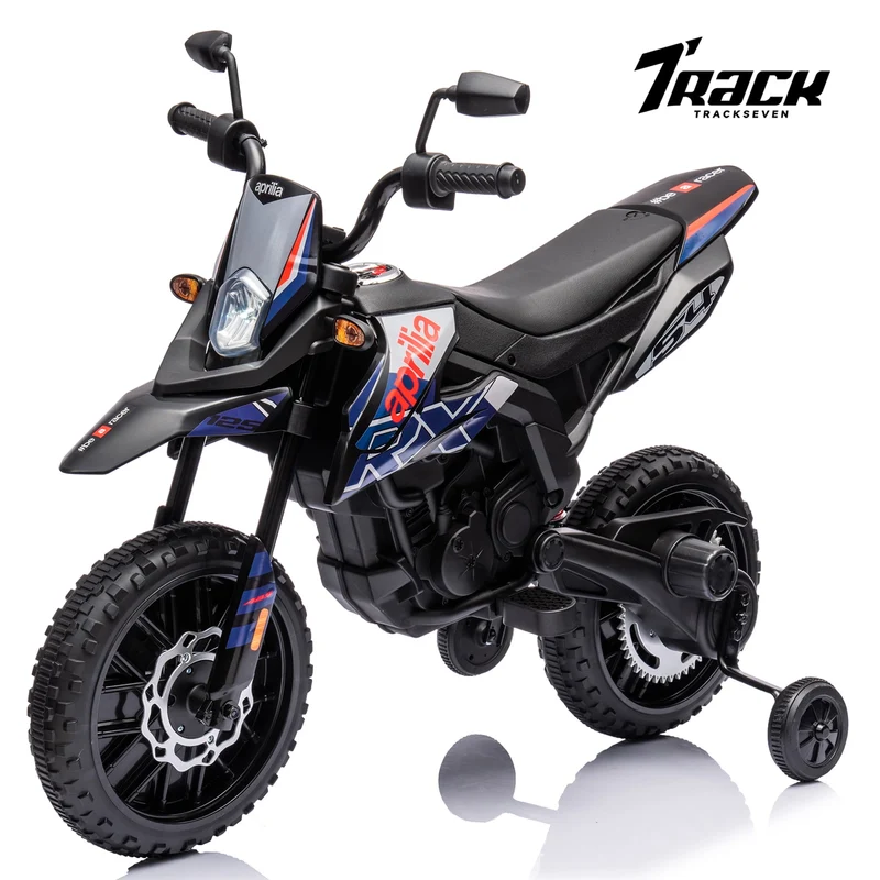 Track 7 12 V Ride on Motorcycle, Licensed Aprilia RX125 Kids Electric Motorcycle with Training Wheels, Spring Suspension, LED Lights, Music, Black