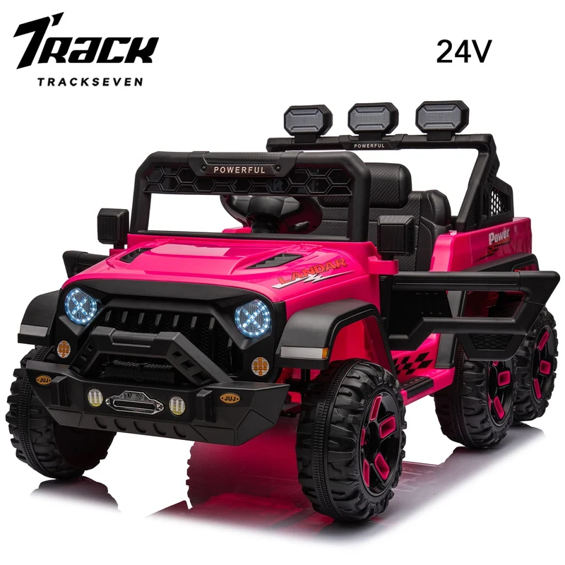 Track 7 24V Kids Ride on Pickup Truck, 4WD Ride on Car with Remote Control, Bluetooth, Rear Storage Box, LED Lights, 6- Wheels Electric Car for Boys Girls, Pink